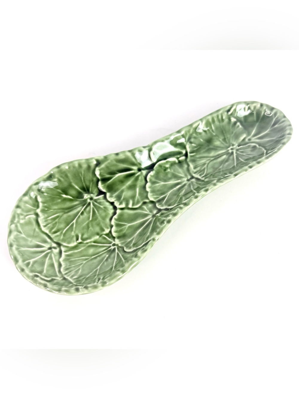 Vintage Ceramic Spoon Rest Olfaire Green Glazed Majolica Leaf Portugal Made